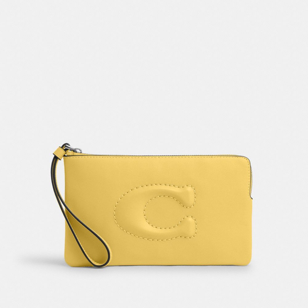 COACH®,GRAND WRISTLET AVEC ZIP EN COIN,Cuir lisse,Argent/Daisy,Front View