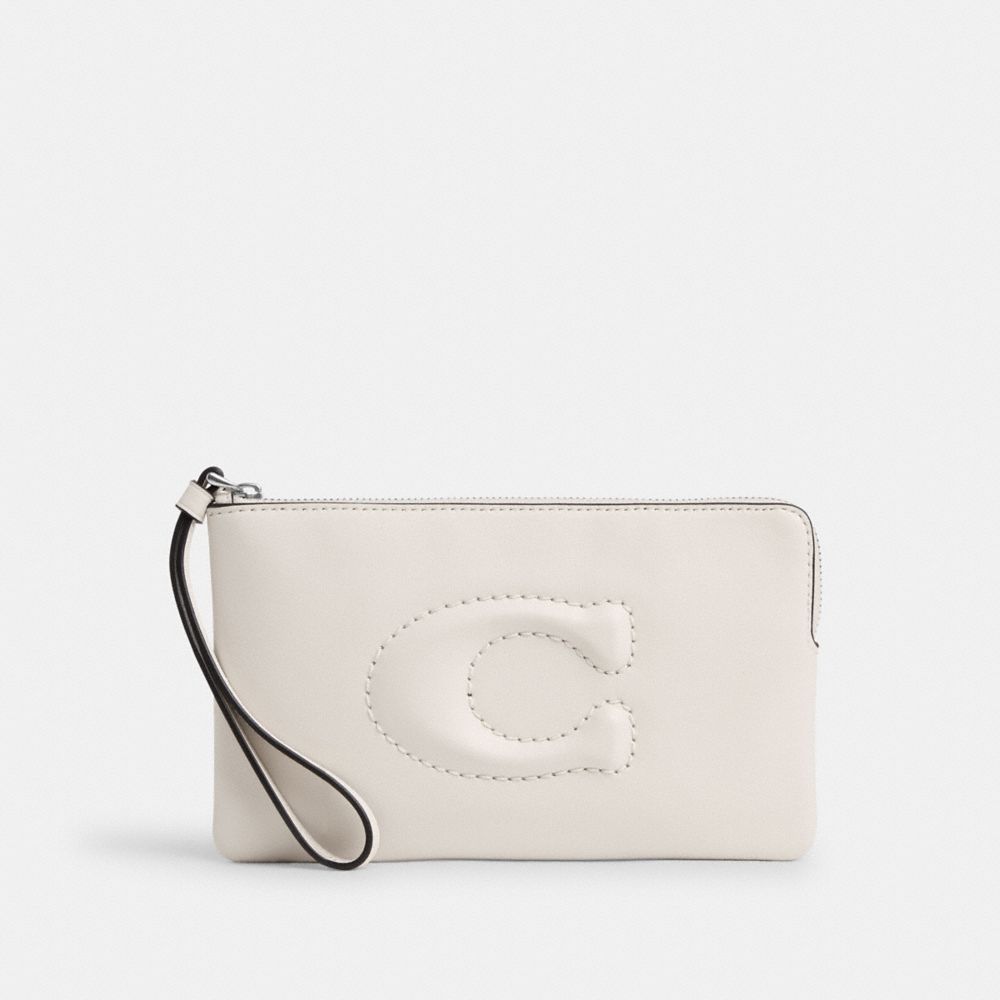 COACH®,LARGE CORNER ZIP WRISTLET,Smooth Leather,Mini,Silver/Chalk,Front View