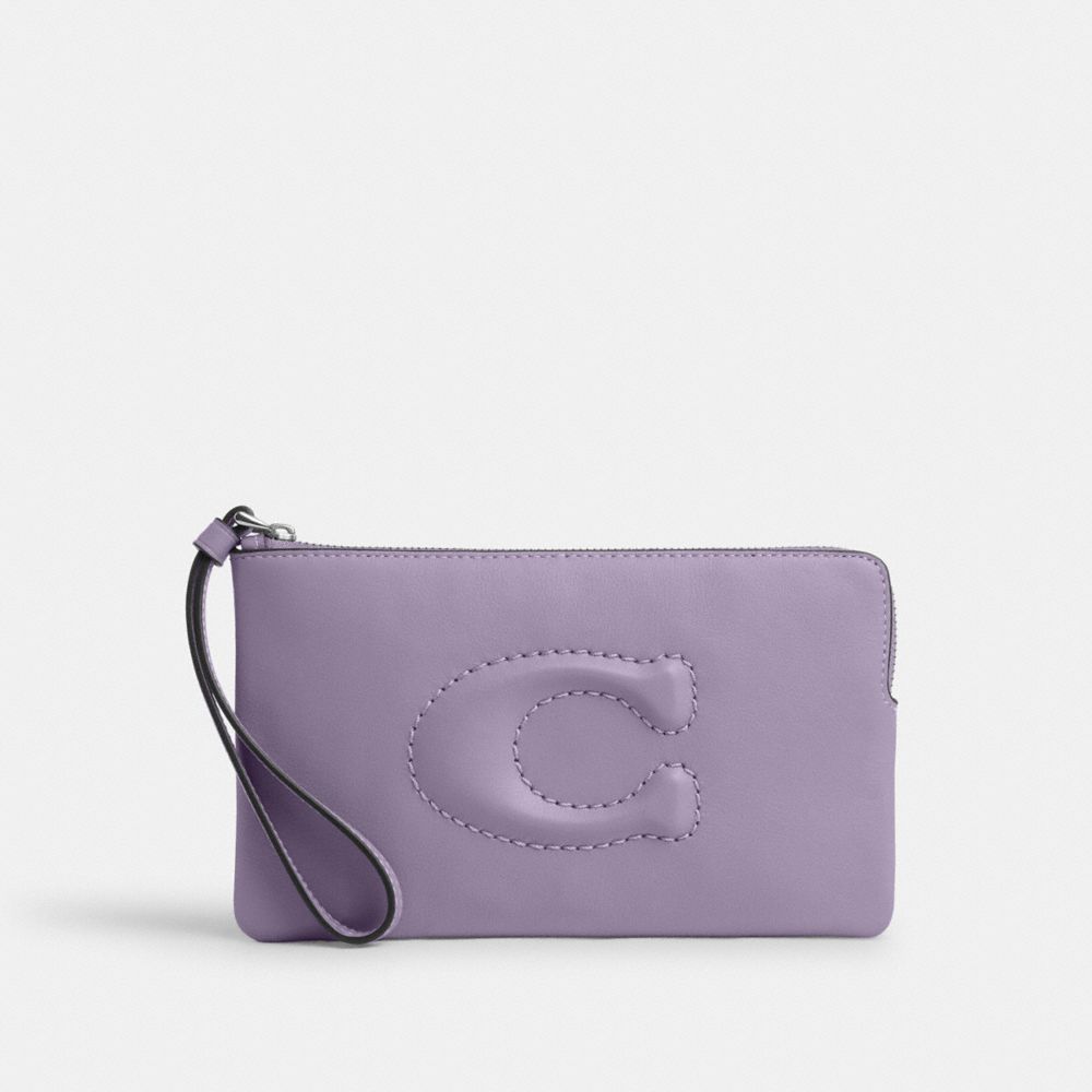 COACH®,LARGE CORNER ZIP WRISTLET,Smooth Leather,Mini,Silver/Light Violet,Front View