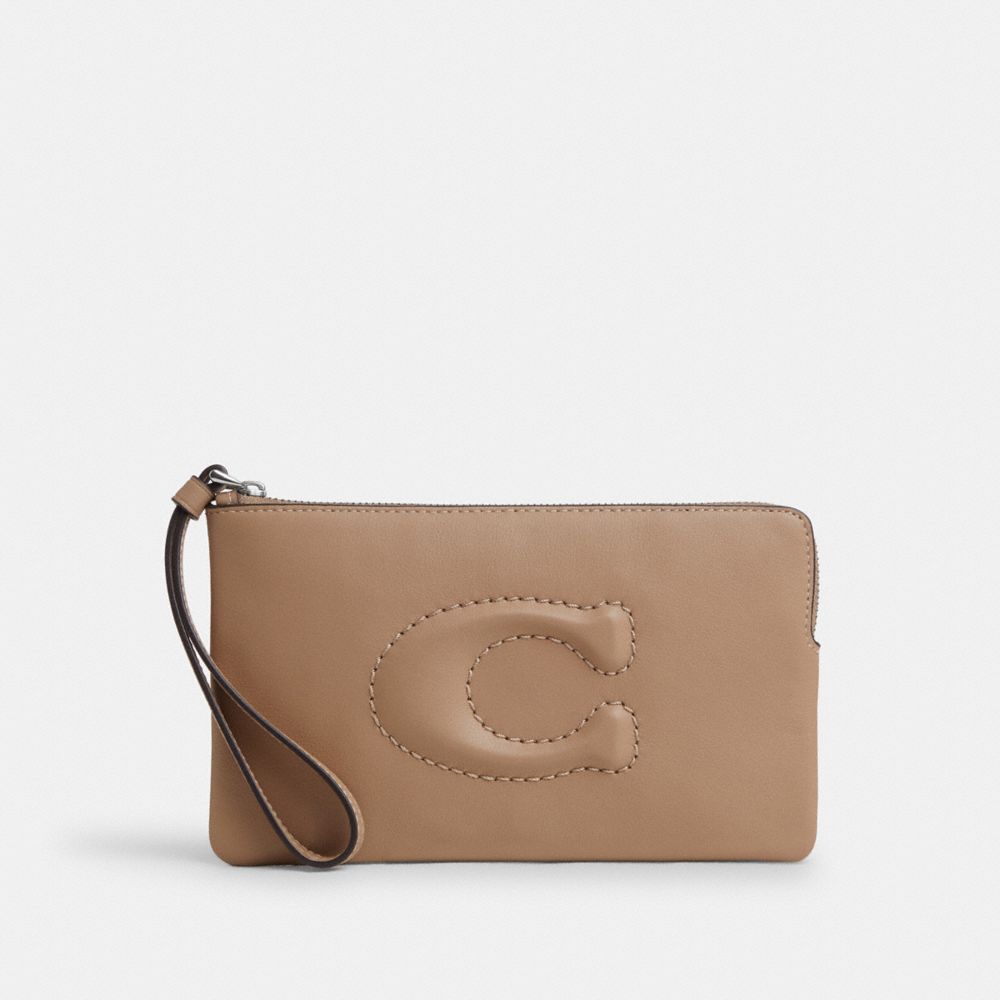 COACH®,GRAND WRISTLET AVEC ZIP EN COIN,Cuir,Argenté/Taupe,Front View