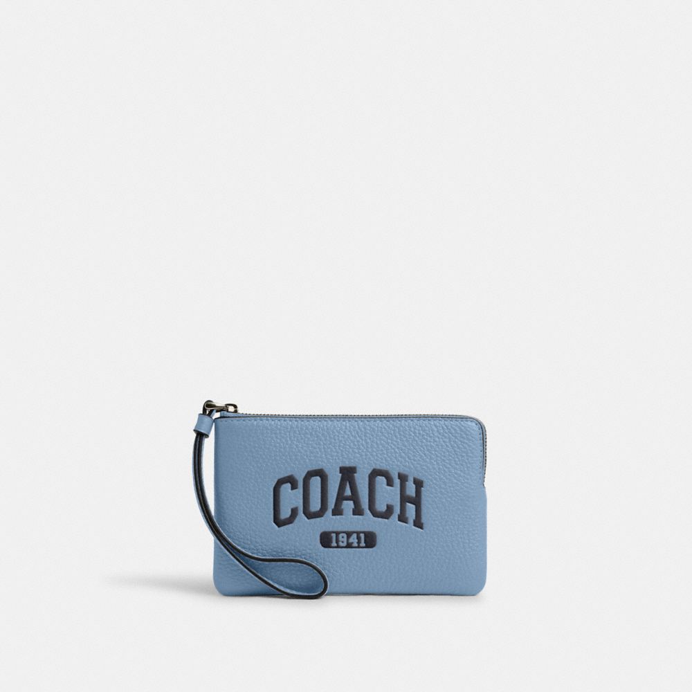 COACH®,CORNER ZIP WRISTLET WITH VARSITY,Novelty Leather,Mini,Gunmetal/Cornflower,Front View