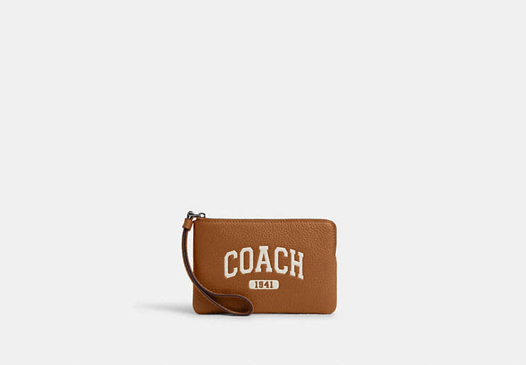 COACH®,CORNER ZIP WRISTLET WITH VARSITY,Leather,Silver/Light Saddle,Front View