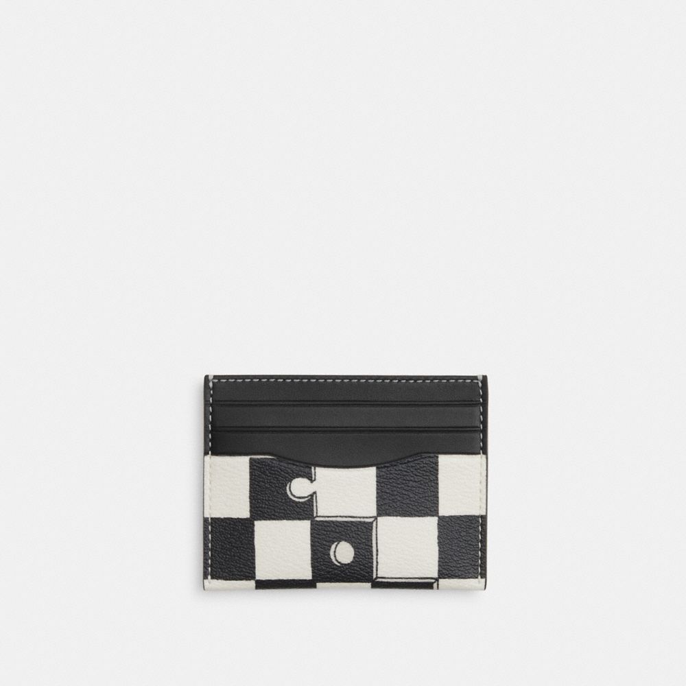 COACH®,SLIM ID CARD CASE WITH CHECKERBOARD PRINT,Novelty Print,Gunmetal/Black Chalk,Front View image number 0