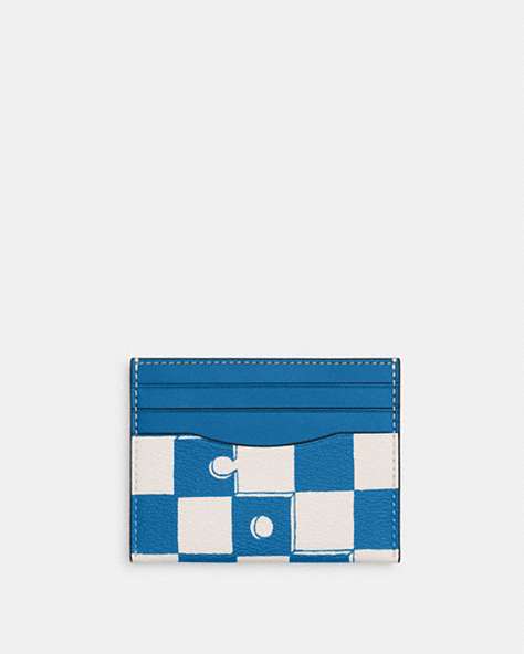 COACH®,SLIM ID CARD CASE WITH CHECKERBOARD PRINT,pvc,Black Antique Nickel/Blue Jay/Chalk,Front View