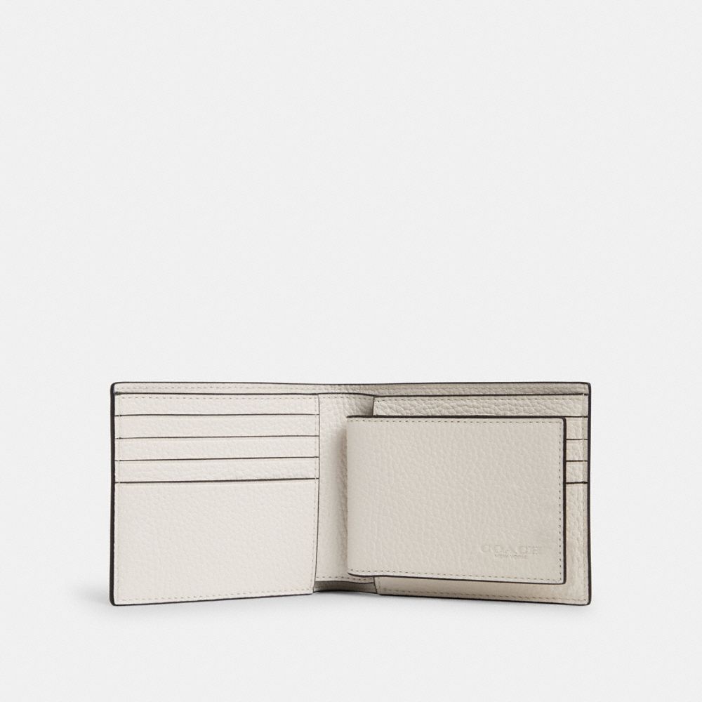 COACH®,3-IN-1 WALLET,Pebbled Leather,Gunmetal/Chalk,Inside View,Top View