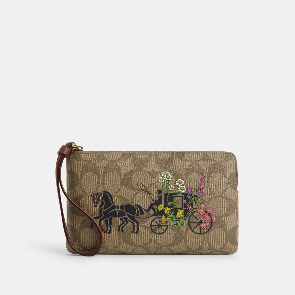 COACH®,GRAND WRISTLET À ZIP EN COIN EN TOILE SIGNATURE AVEC IMPRIMÉ FLORAL CHEVAL ET CHARIOT,pvc,Or/Kaki Multi,Front View