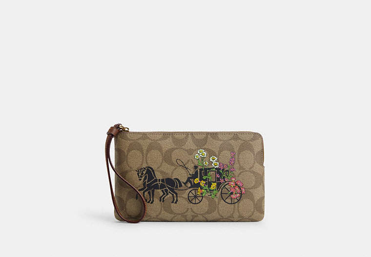 COACH®,LARGE CORNER ZIP WRISTLET IN SIGNATURE CANVAS WITH FLORAL HORSE AND CARRIAGE,pvc,Gold/Khaki Multi,Front View