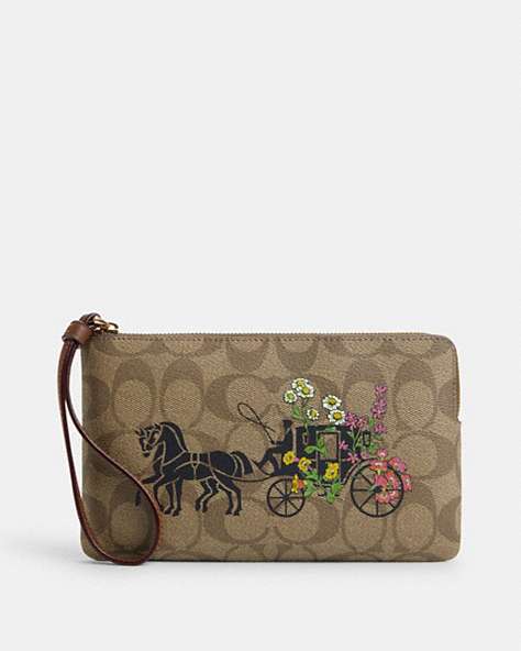 Large Corner Zip Wristlet In Signature Canvas With Floral Horse And Carriage