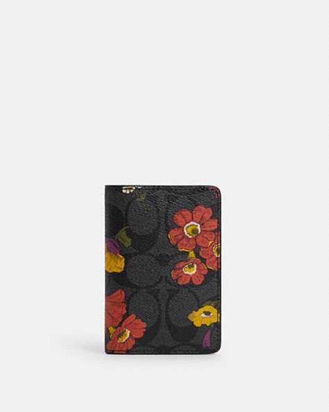 COACH®,ID WALLET IN SIGNATURE CANVAS WITH FLORAL PRINT,pvc,Gunmetal/Charcoal Multi,Front View
