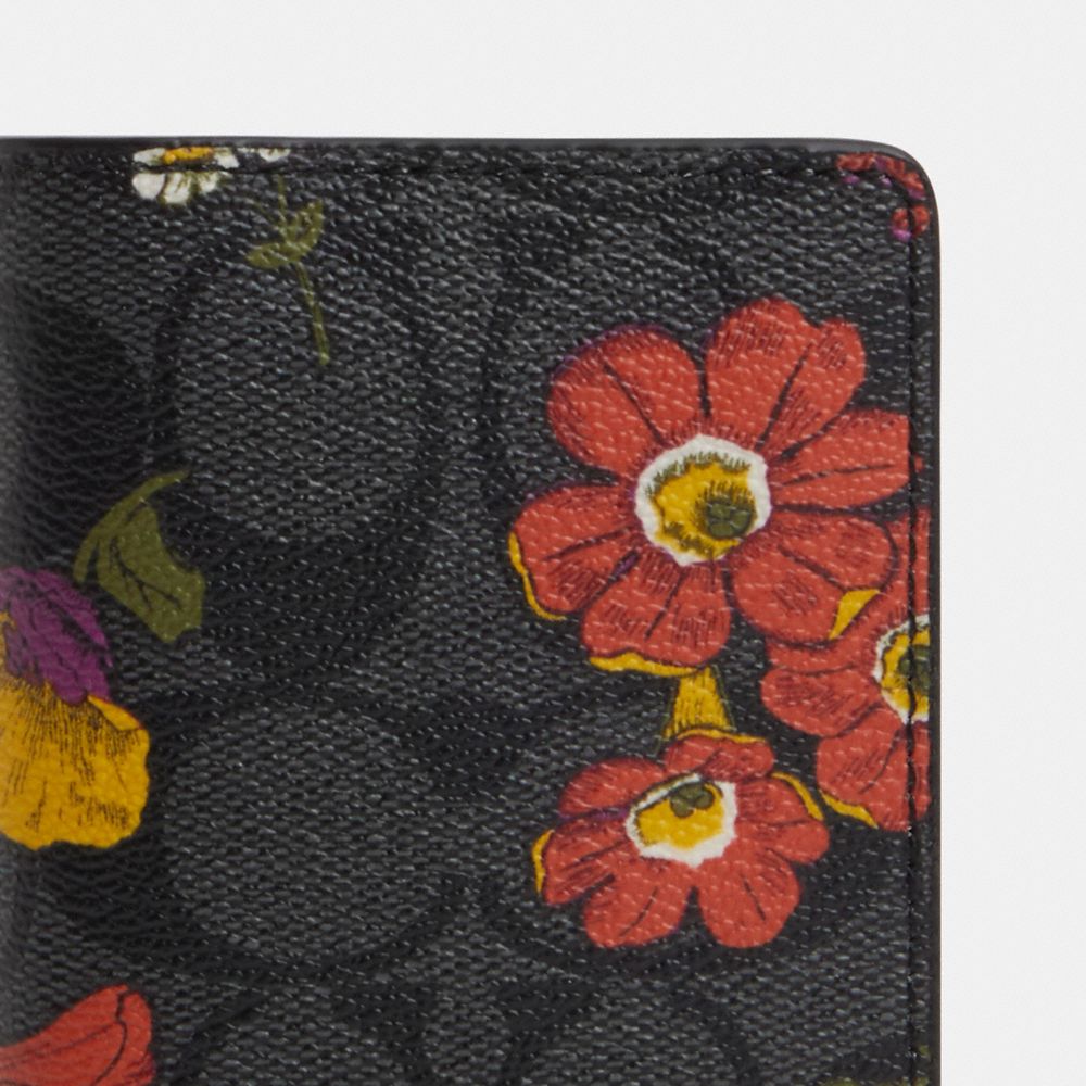 COACH®,ID WALLET IN SIGNATURE CANVAS WITH FLORAL PRINT,Signature Canvas,Gunmetal/Charcoal Multi
