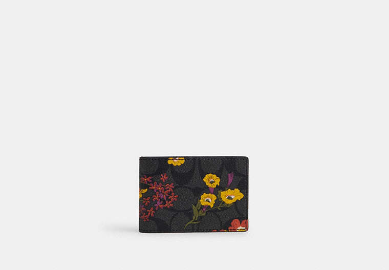 COACH®,COMPACT BILLFOLD WALLET IN SIGNATURE CANVAS WITH FLORAL PRINT,pvc,Gunmetal/Charcoal Multi,Front View image number 0