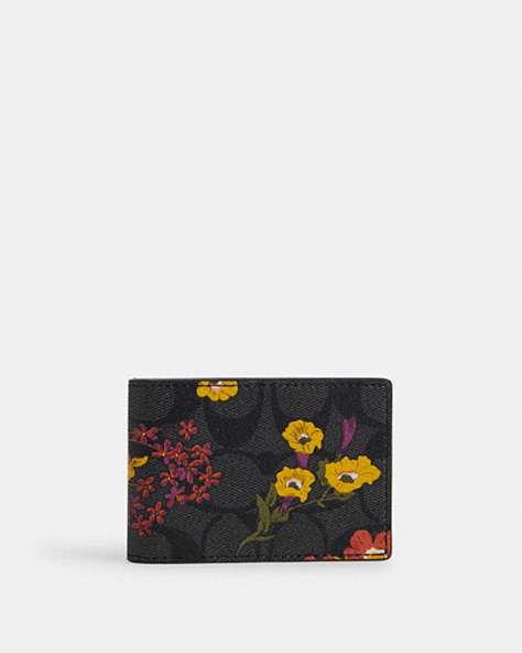 COACH®,COMPACT BILLFOLD WALLET IN SIGNATURE CANVAS WITH FLORAL PRINT,pvc,Gunmetal/Charcoal Multi,Front View