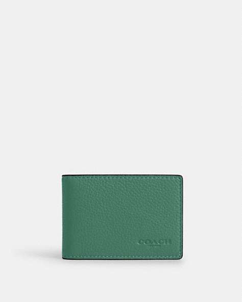 COACH®,COMPACT BILLFOLD IN COLORBLOCK,Leather,Black Antique Nickel/Bright Green/Light Violet,Front View