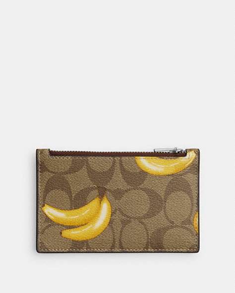 COACH®,ZIP CARD CASE IN SIGNATURE CANVAS WITH BANANA PRINT,pvc,Silver/Khaki/Dark Saddle,Front View