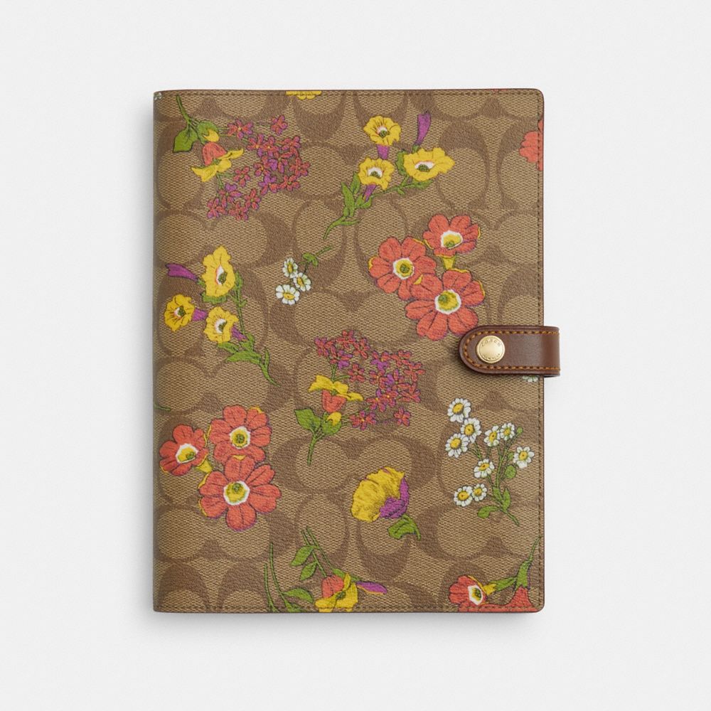 COACH®,NOTEBOOK IN SIGNATURE CANVAS WITH FLORAL PRINT,Gold/Khaki Multi,Front View