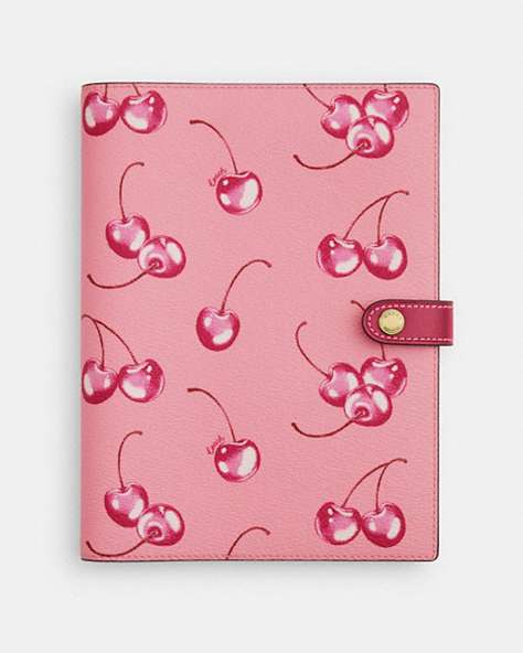 COACH®,NOTEBOOK WITH CHERRY PRINT,pvc,Im/Flower Pink/Bright Violet,Front View