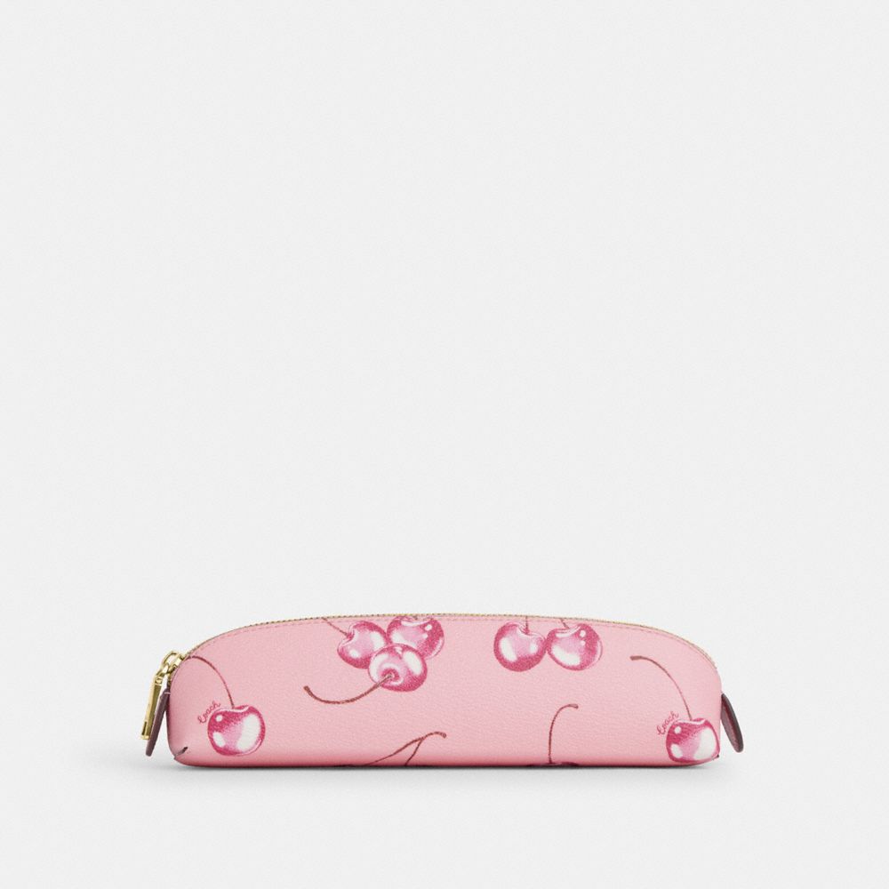 COACH®,PENCIL CASE WITH CHERRY PRINT,Mini,Im/Flower Pink/Bright Violet,Front View