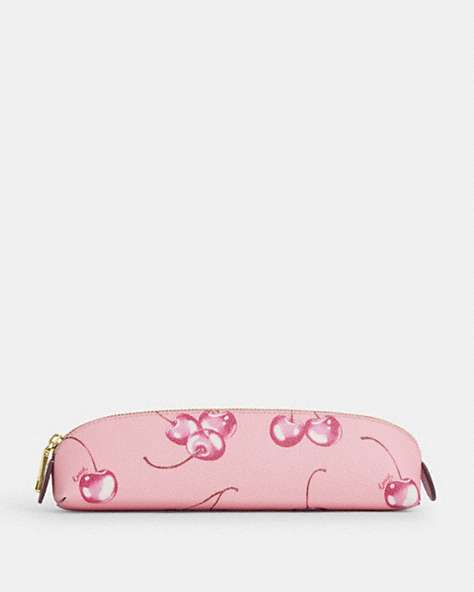 COACH®,PENCIL CASE WITH CHERRY PRINT,pvc,Im/Flower Pink/Bright Violet,Front View