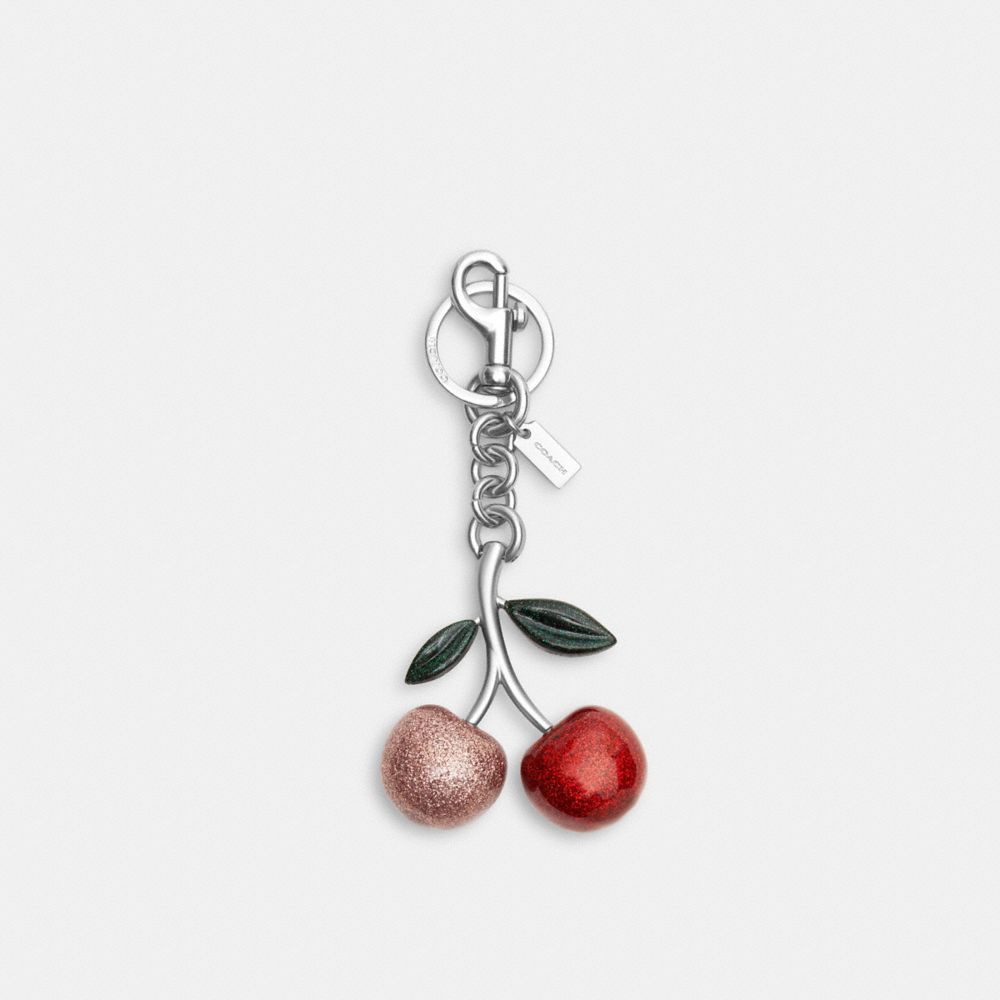 COACH®,GLITTER CHERRY BAG CHARM,Silver/Pink Multi,Front View