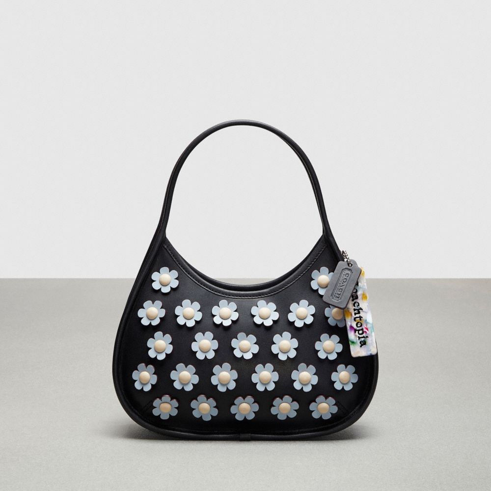 COACH®,Ergo Bag With Mini Flower Appliqué In Upcrafted Leather,Upcrafted Leather™,Small,Black/Ice Blue Multi,Front View