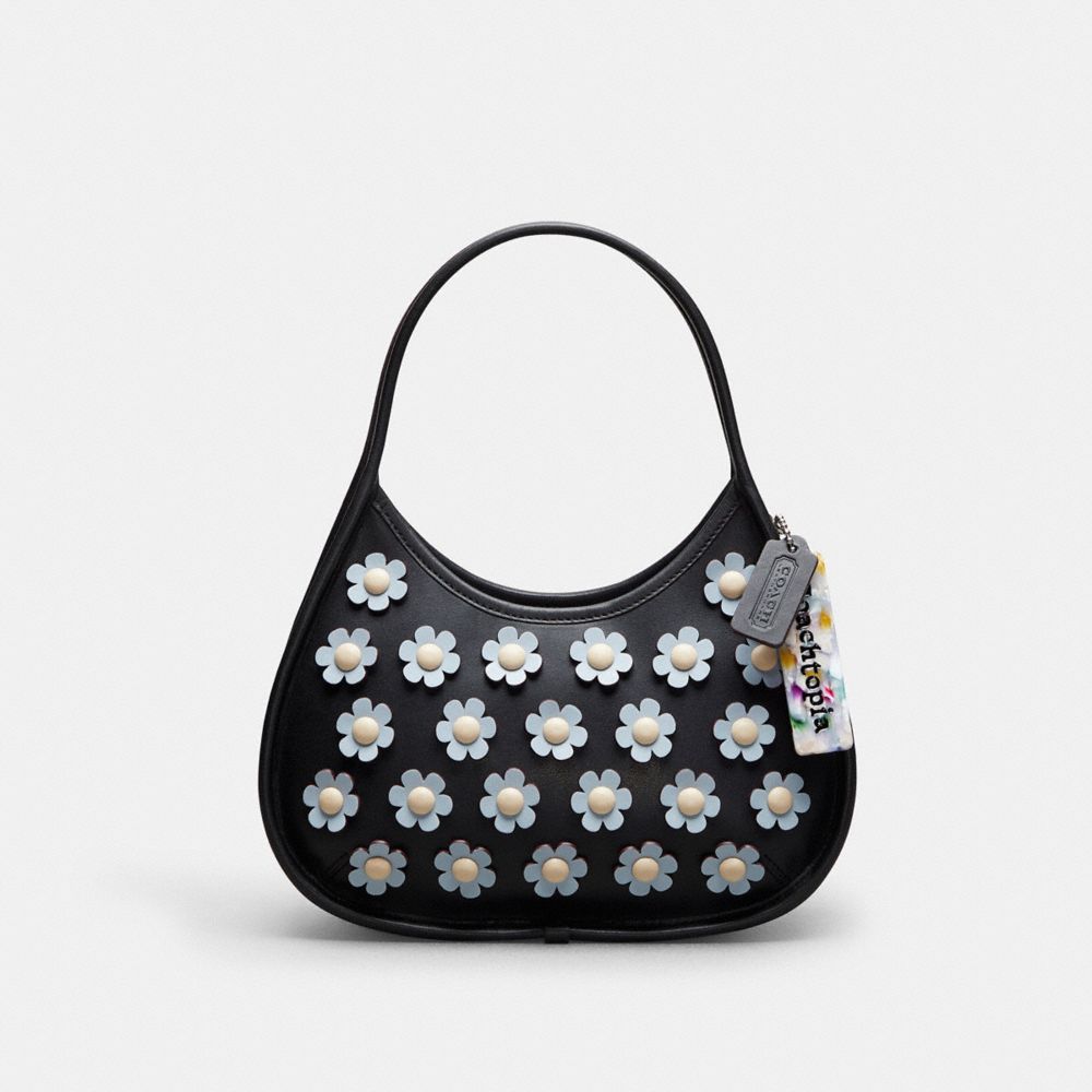 COACH®,Ergo Bag With Mini Flower Appliqué In Upcrafted Leather,Upcrafted Leather™,Small,Black/Ice Blue Multi,Front View