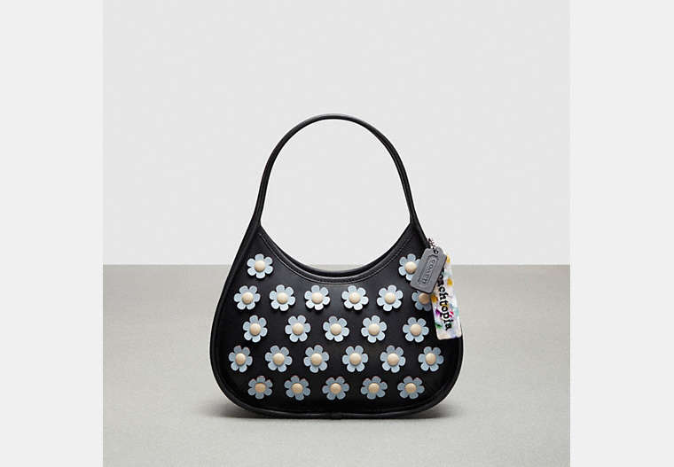 COACH®,Ergo Bag in Mini Flower Applique Upcrafted Leather,Upcrafted Leather™,Small,Black/Ice Blue Multi,Front View image number 0