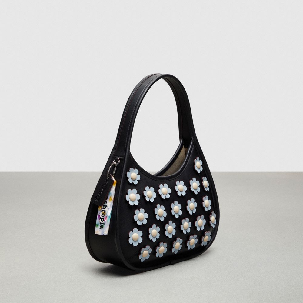 COACH®,Ergo Bag With Mini Flower Appliqué In Upcrafted Leather,Upcrafted Leather™,Small,Black/Ice Blue Multi,Angle View
