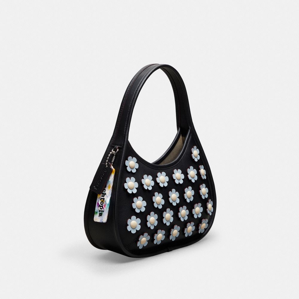 COACH®,Ergo Bag With Mini Flower Appliqué In Upcrafted Leather,Upcrafted Leather™,Small,Black/Ice Blue Multi,Angle View