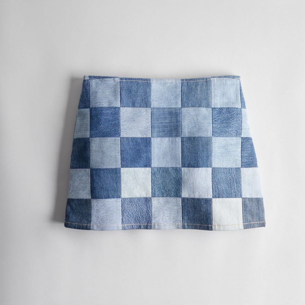 COACH®,Mini Skirt In Denim Checkerboard,Denim Multi,Front View