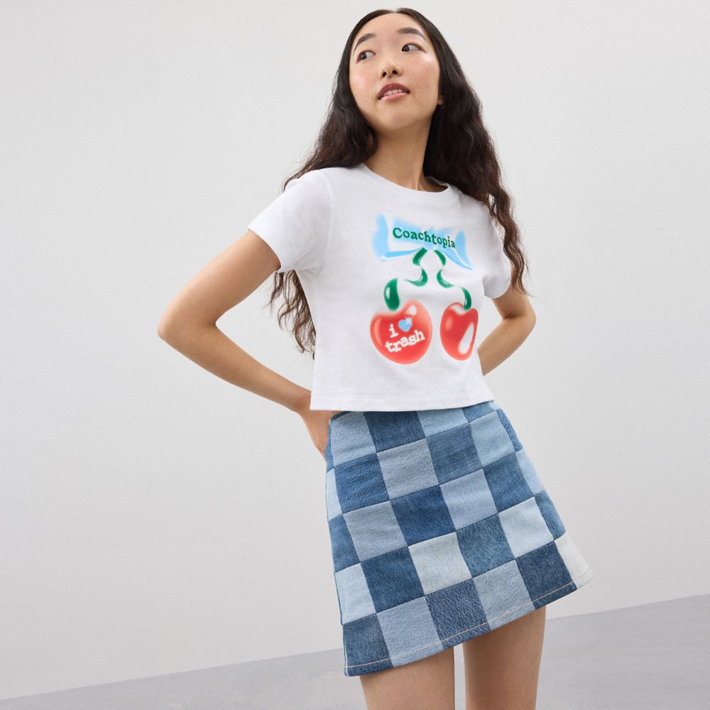 Coach Mini Skirt In Denim Checkerboard In Denim Multi