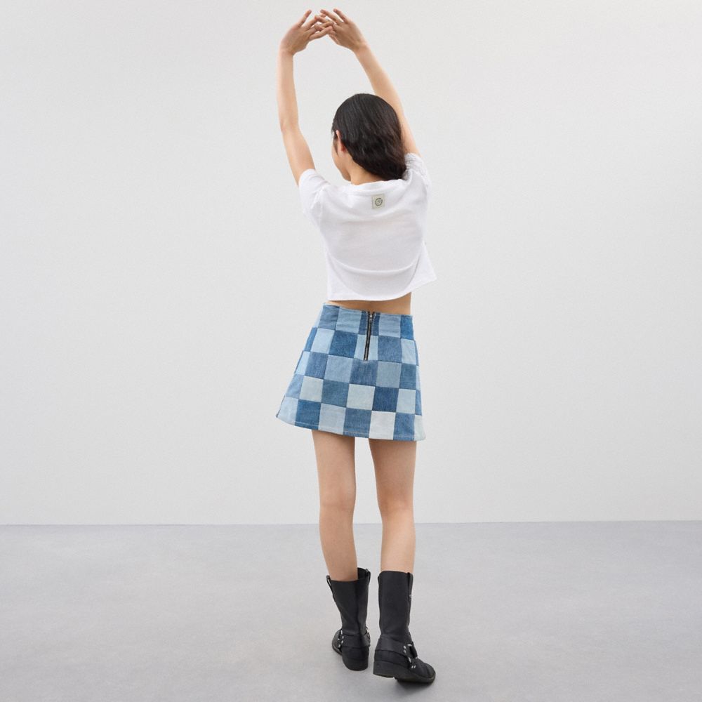 Coach Mini Skirt In Denim Checkerboard In Denim Multi