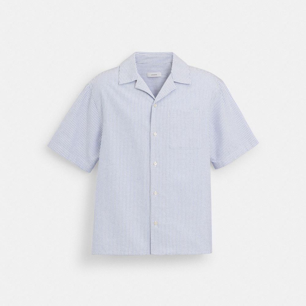 COACH®,OXFORD STRIPED CAMP SHIRT,Blue Multicolor,Front View
