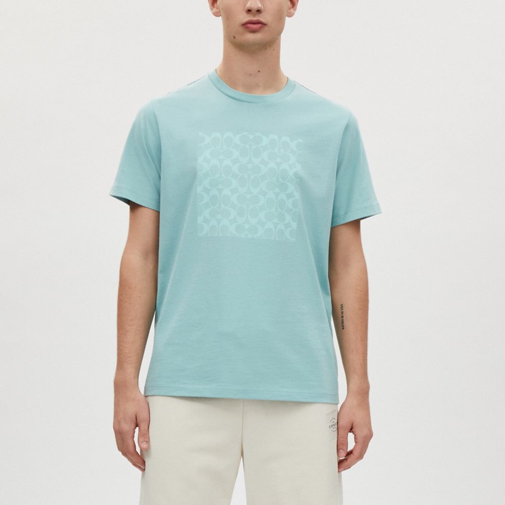 COACH®,TONAL SIGNATURE T-SHIRT IN ORGANIC COTTON,Faded Blue,Scale View