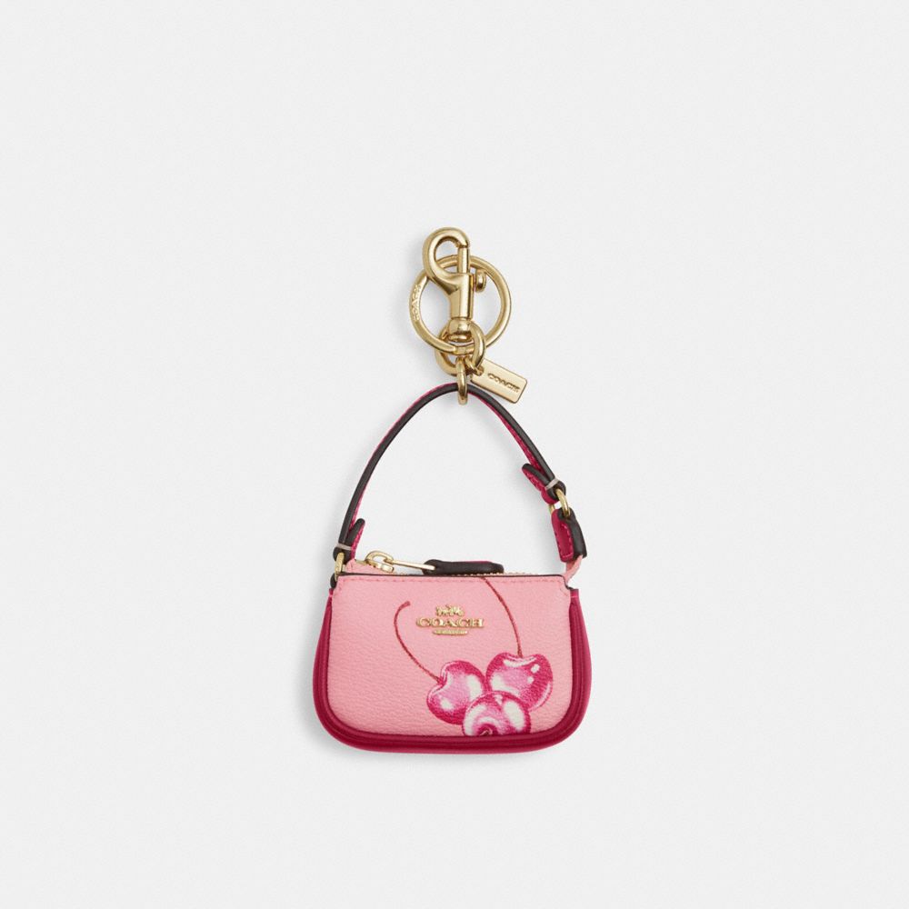 Gold Flower Pink Bright Violet Mini Nolita Bag Charm With Cherry Print