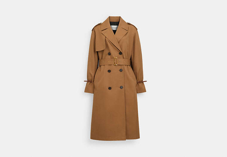 COACH®,RELAXED DOUBLE BREASTED TRENCH,Other,Dark Khaki,Front View