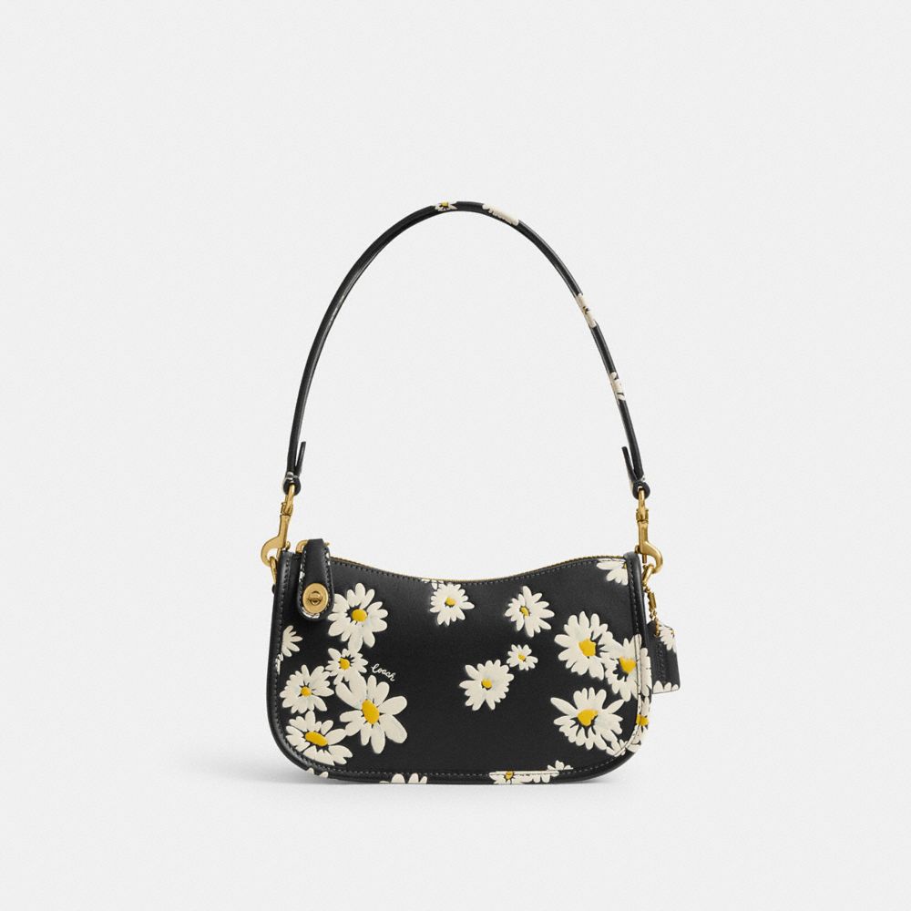 COACH®,SWINGER BAG 20 WITH FLORAL PRINT,Glovetanned Leather,Small,Brass/Black Multi,Front View