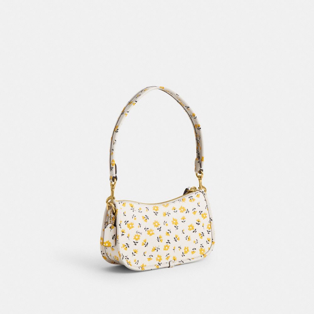 COACH®,Swinger Bag 20 With Floral Print,Leather,Shoulder Bag,Logo,Embossed,Day Party,White,Angle View