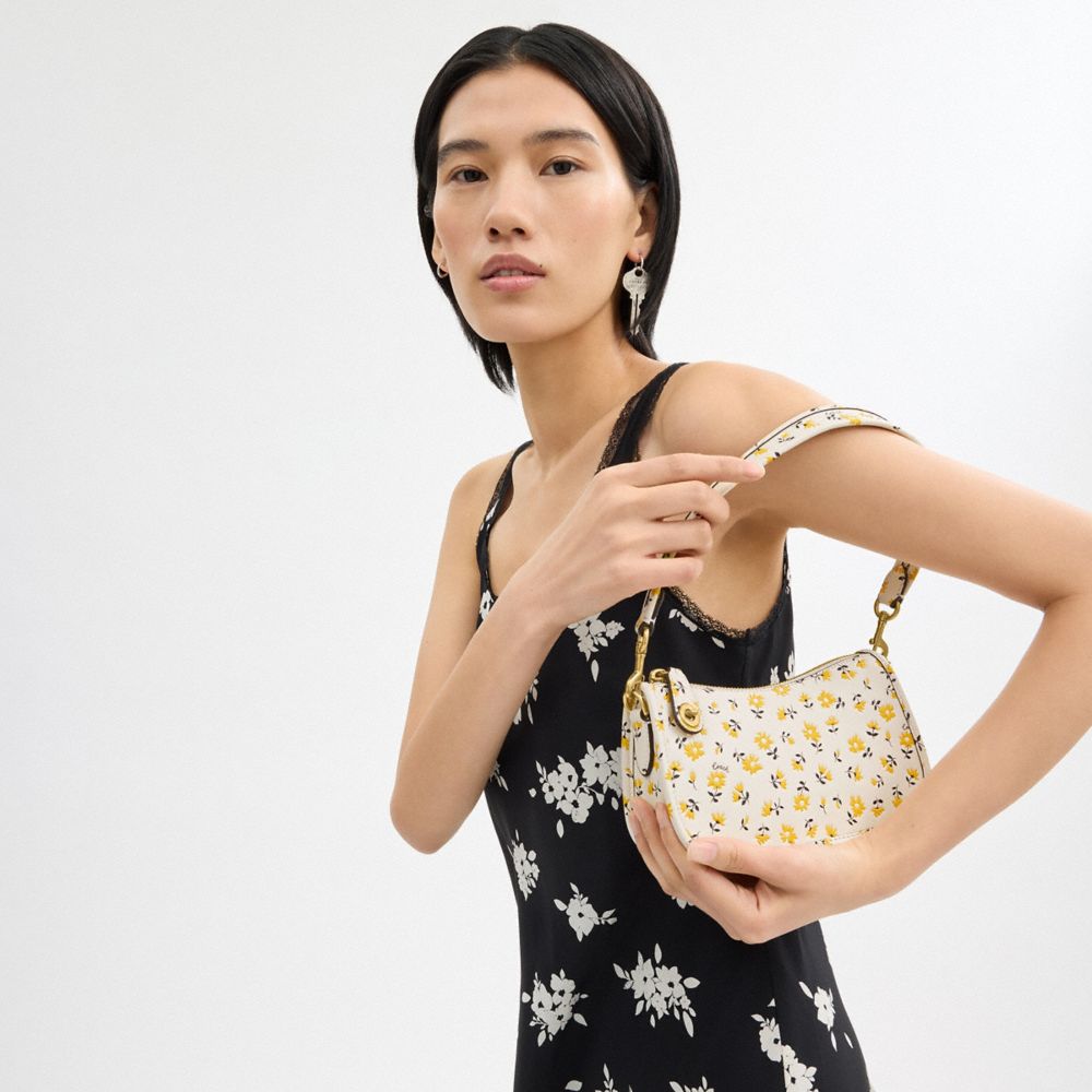 COACH®,Swinger Bag 20 With Floral Print,Leather,Shoulder Bag,Logo,Embossed,Day Party,White,Detail View