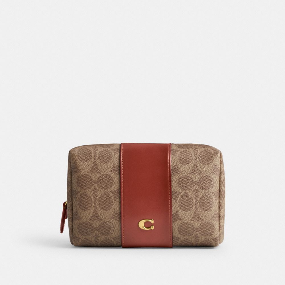 COACH®,ESSENTIAL COSMETIC POUCH IN SIGNATURE CANVAS,Coated Canvas,Brass/Tan/Rust,Front View
