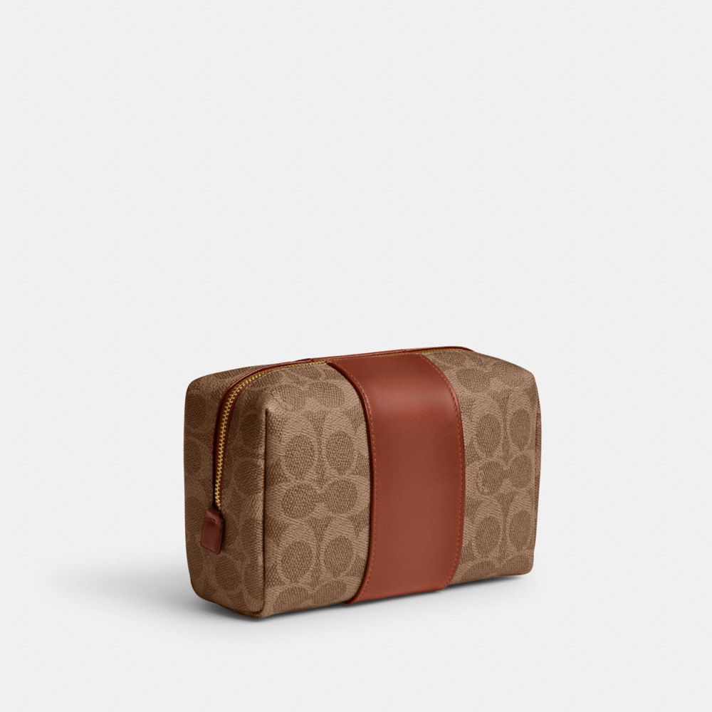 COACH®,Essential Cosmetic Pouch In Signature Canvas,Canvas,Leather,Pouch,Color Block,Casual,,Angle View