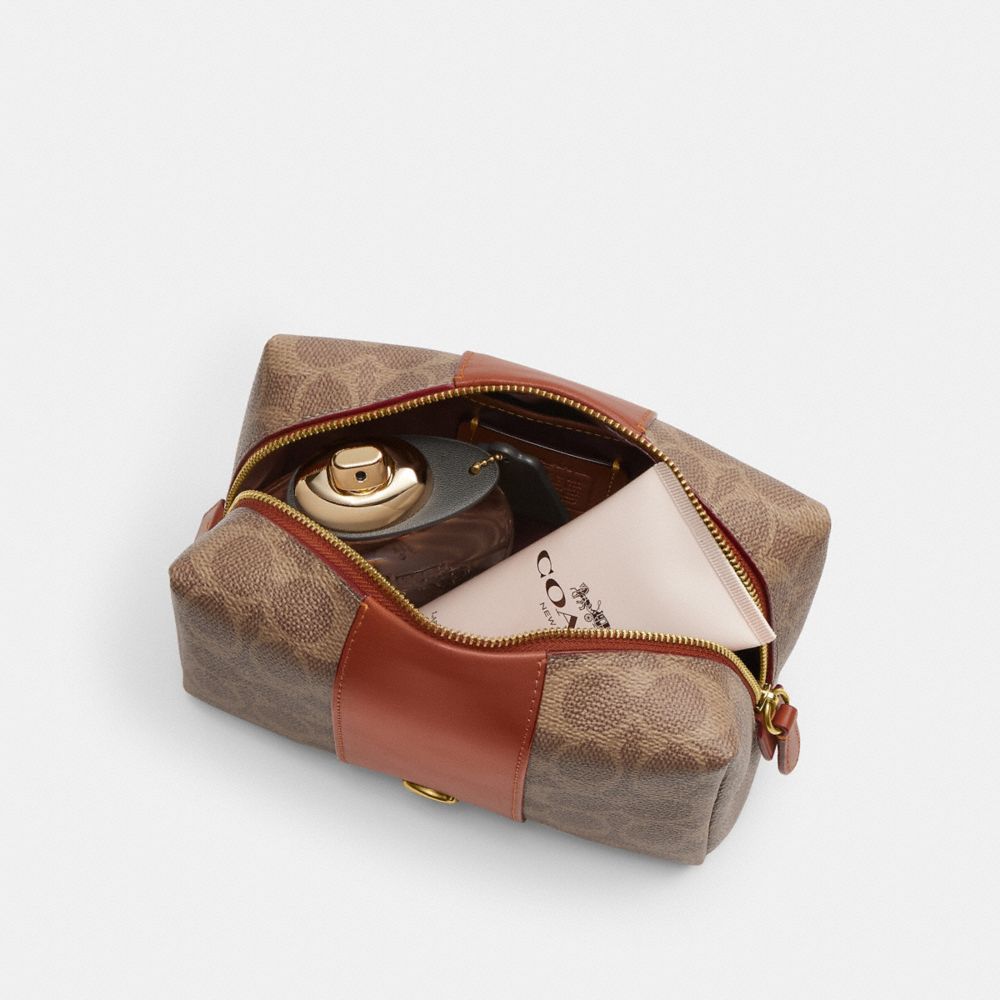 COACH®,Essential Cosmetic Pouch In Signature Canvas,Canvas,Leather,Pouch,Color Block,Casual,,Inside View,Top View