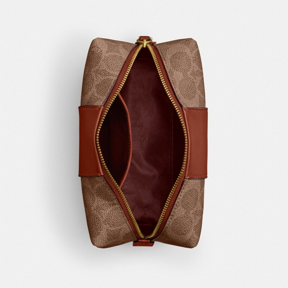 COACH®,Essential Cosmetic Pouch In Signature Canvas,Canvas,Leather,Pouch,Color Block,Casual,,Inside View,Top View