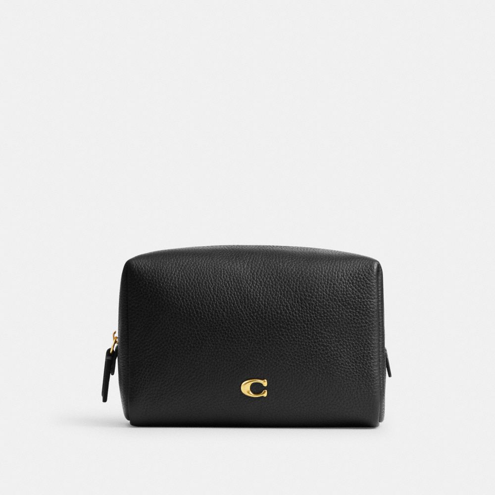 COACH®,Essential Cosmetic Pouch,Leather,Pouch,Logo,Metal,Casual,Black,Front View