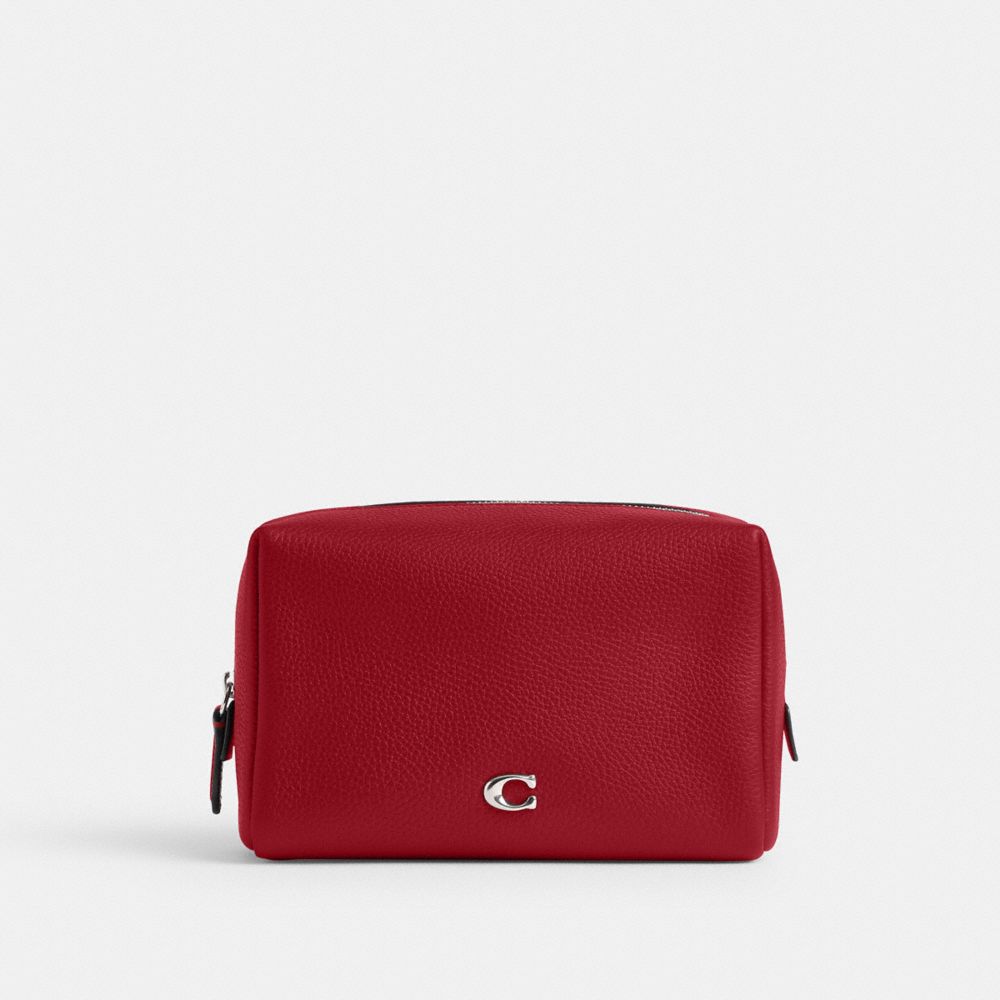 COACH®,POCHETTE À COSMÉTIQUES ESSENTIAL,Cuir galet poli,Argent/Rubis,Front View