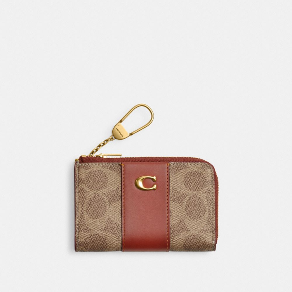 COACH®,ESSENTIAL L-ZIP KEY CASE IN SIGNATURE CANVAS,Mini,Brass/Tan/Rust,Front View image number 0