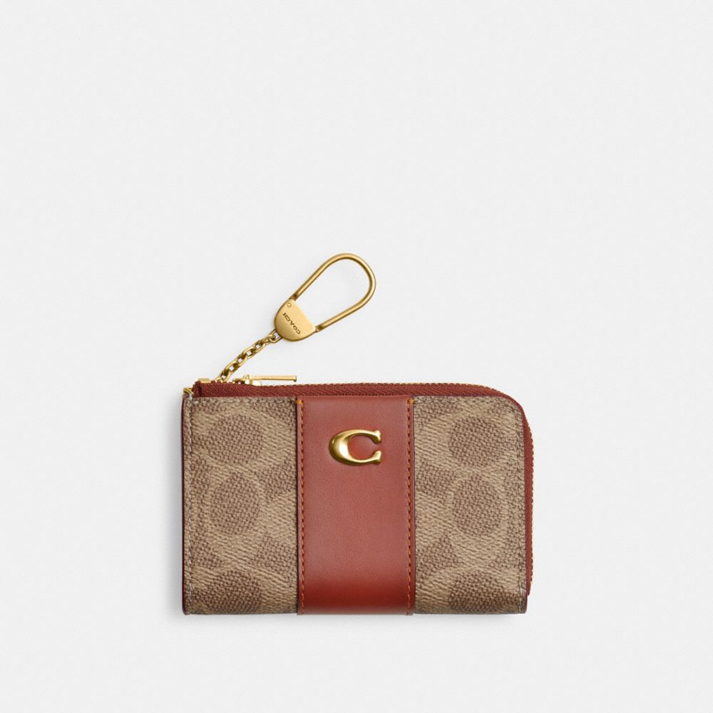 COACH®,ESSENTIAL L-ZIP KEY CASE IN SIGNATURE CANVAS,Mini,Brass/Tan/Rust,Front View