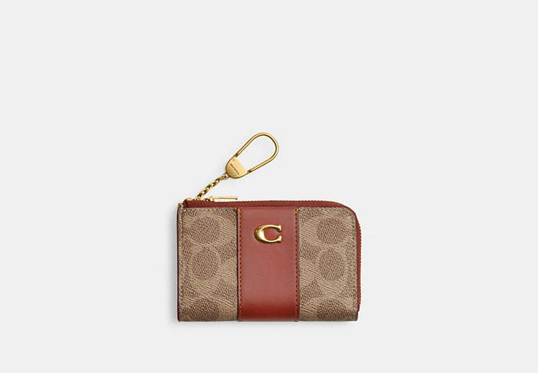 COACH®,ESSENTIAL L-ZIP KEY CASE IN SIGNATURE CANVAS,Mini,Brass/Tan/Rust,Front View image number 0