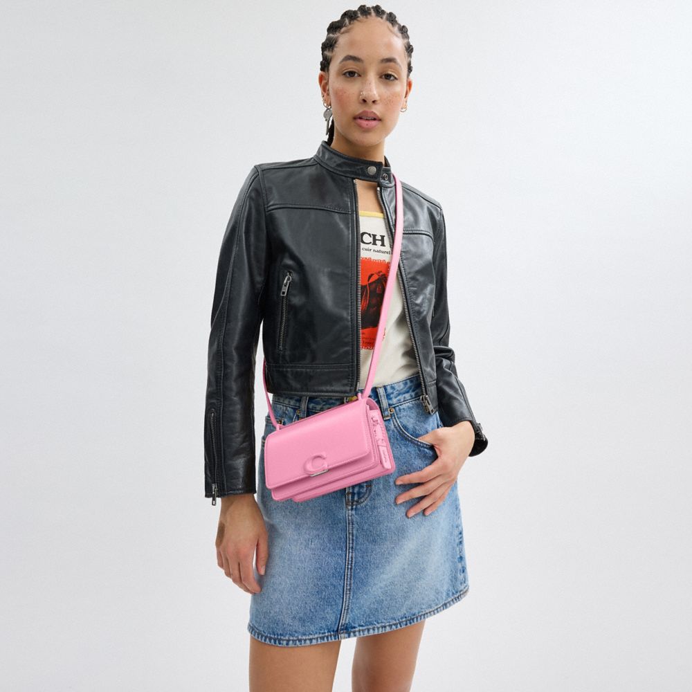 COACH®,PORTÉ-CROISÉ BANDIT,Cuir de veau,Argent/Rose vif