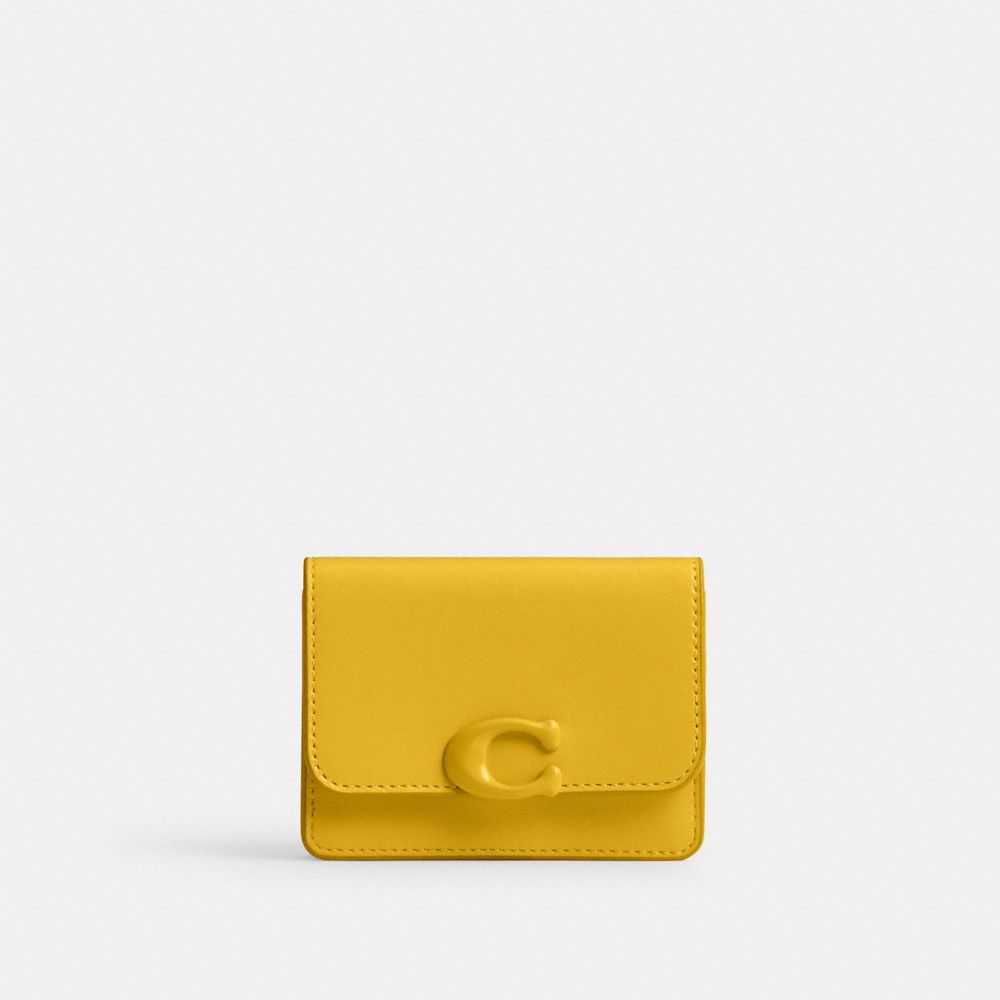 COACH®,BANDIT CARD CASE,Refined Calf Leather,Mini,Silver/Canary,Front View