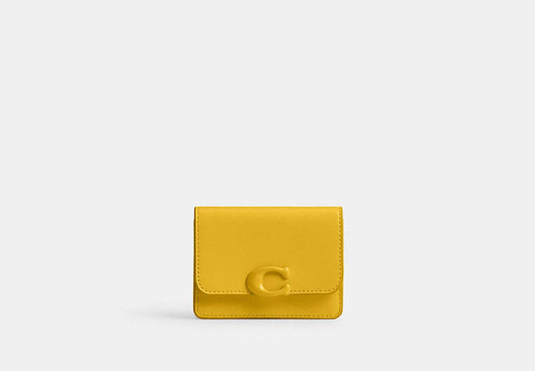 COACH®,BANDIT CARD CASE,Refined Calf Leather,Mini,Silver/Canary,Front View